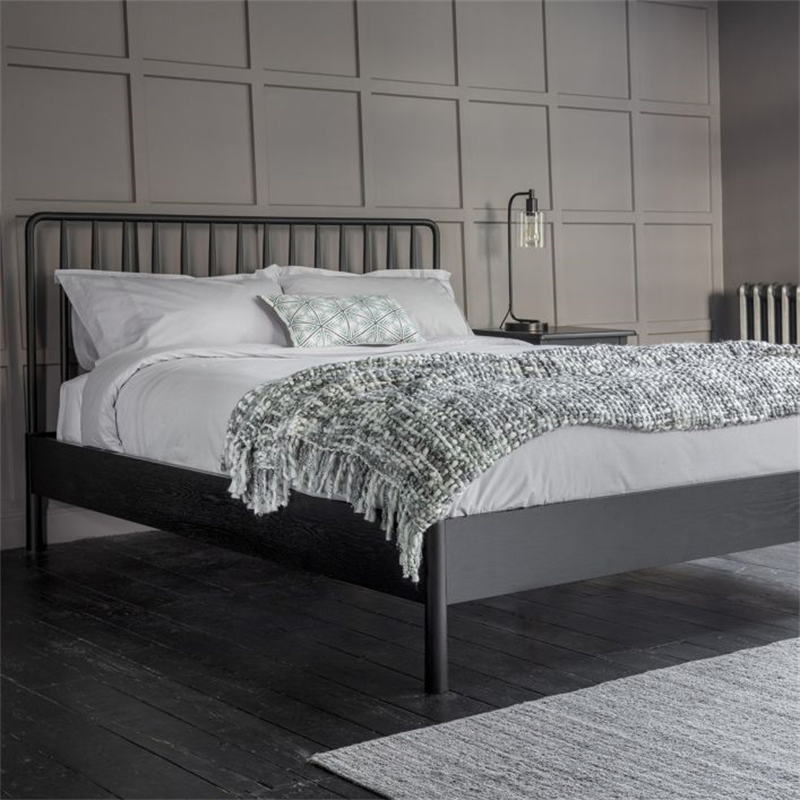 Nueva llegada estilo nórdico moderno contemporáneo cama individual doble rey reina tamaño pintura negra dormitorio fábrica fabricante cabecero de espiga de roble cama de madera