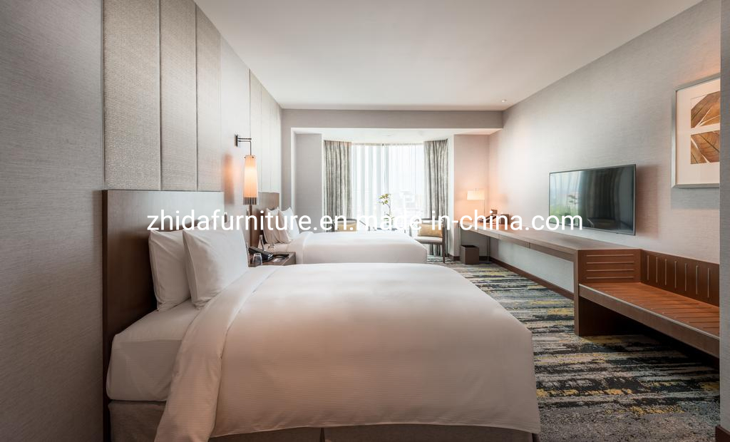 Muebles de hotel comercial personalizados de alta calidad, diseño de cama doble, juego de dormitorio, cama de cuero tamaño king con cabecera de madera