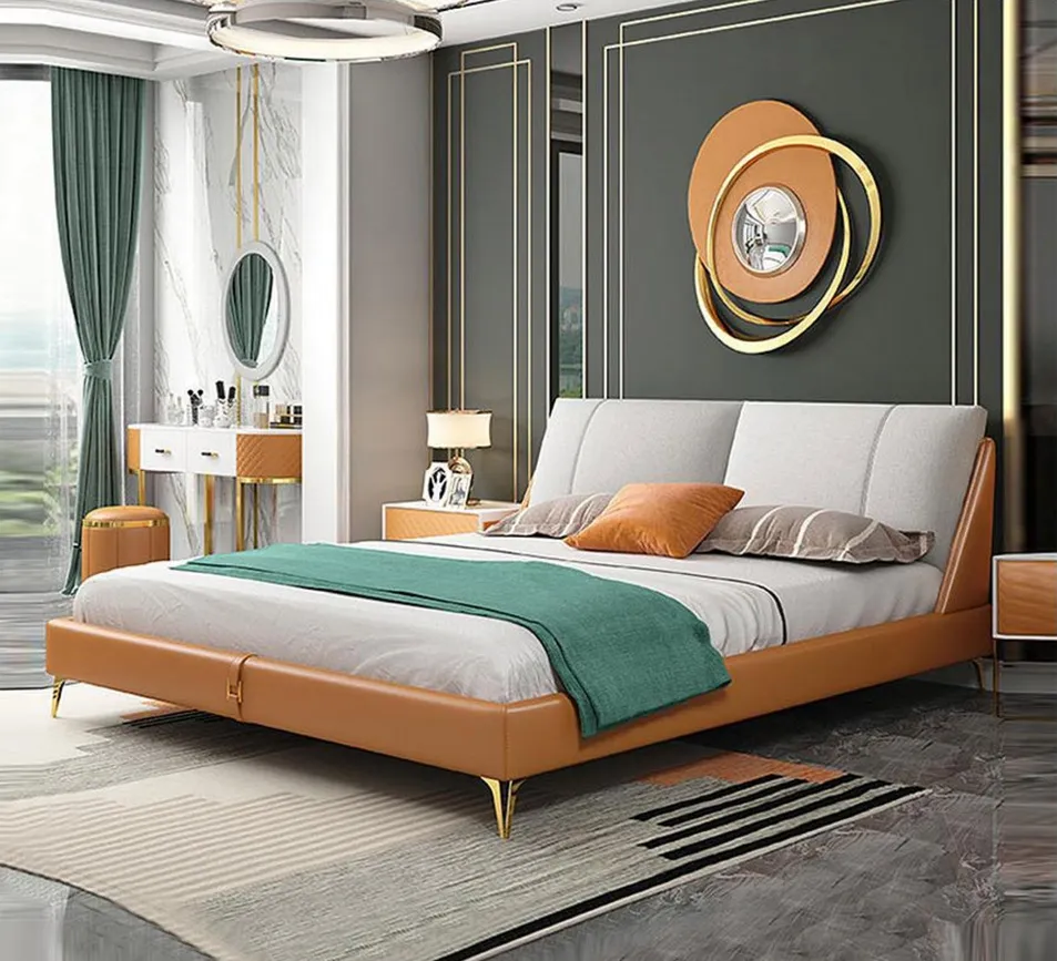 Cama King de Madera Sólida Elegante con Tapicería de Cuero Premium