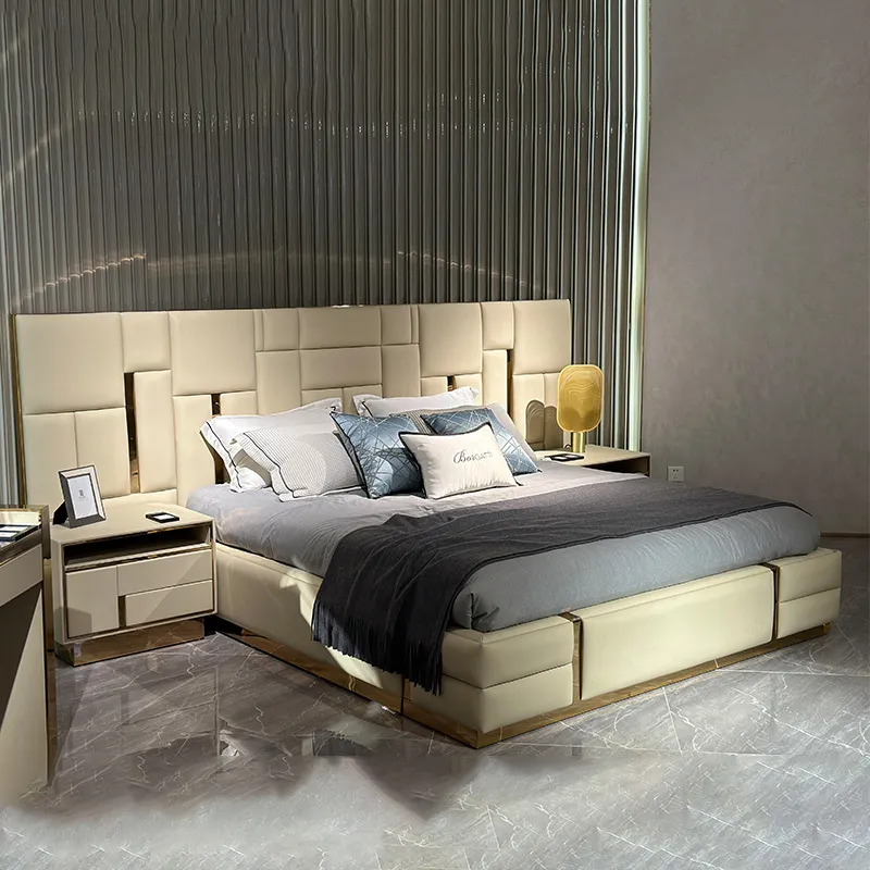 Mueble de dormitorio cama king size con cabecero alto tapizado, cama plataforma con elevación a gas, beige, con almacenamiento
