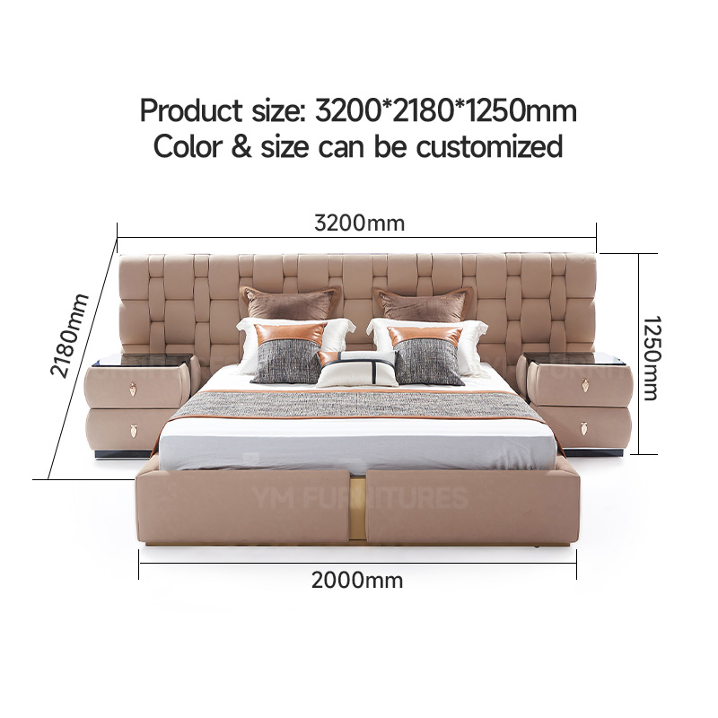 Mueble de dormitorio cama king size con cabecero alto tapizado, cama plataforma con elevación a gas, beige, con almacenamiento
