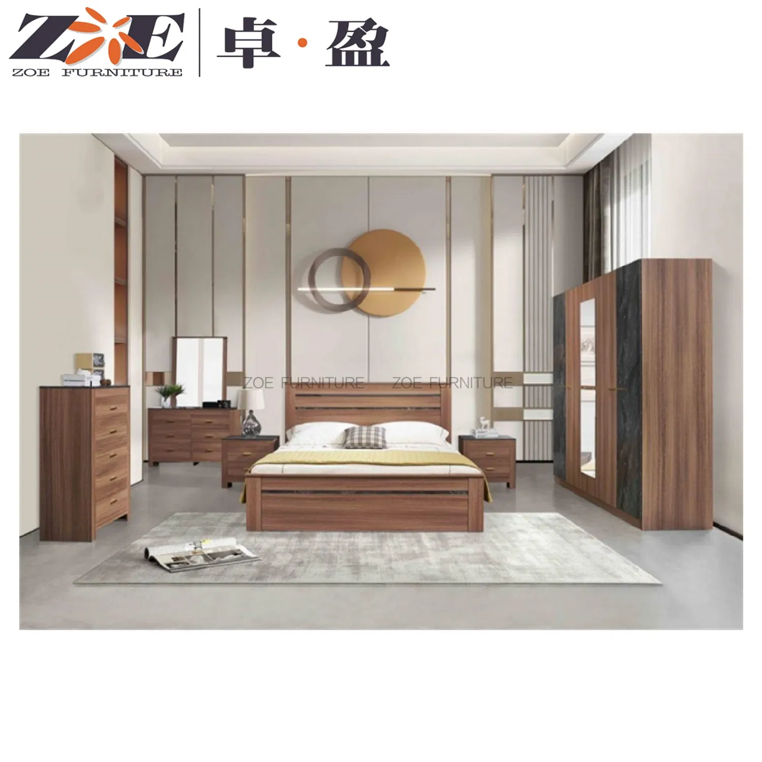 Mueble de dormitorio en casa, cama de marco de madera al por mayor OEM ODM, cama de tamaño doble king con cabecero sólido moderno