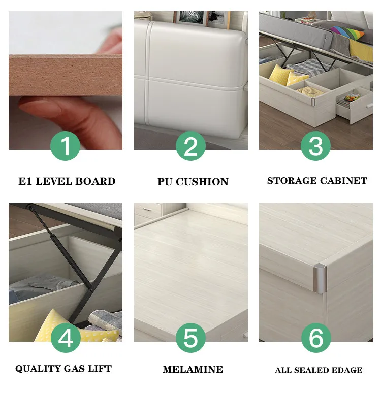 Conjunto de dormitorio moderno de alto brillo, muebles para el hogar, cama de almacenamiento en la pared de madera, rey