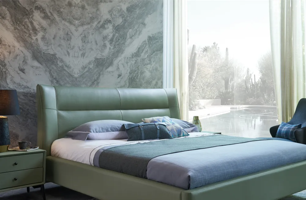 Conjuntos de dormitorio de cuero verde de tamaño king multifuncional con patas de metal de acero, cama doble