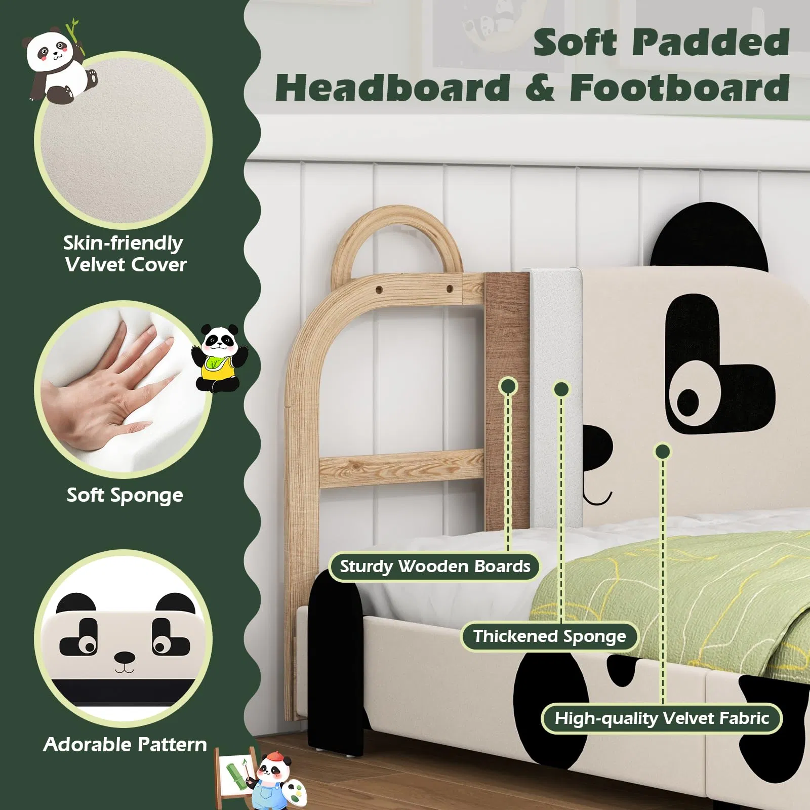 Cabecero acolchado para camas individuales para niños, estructura de cama individual de metal tapizada con soporte de listones
