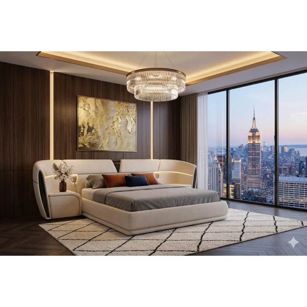 Cama moderna XL king tapizada en cuero de lujo con mesa lateral
