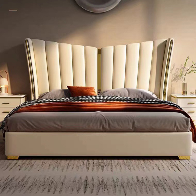 Cama doble tapizada de lujo ligero italiana, juego de muebles para el hogar, dormitorio moderno, marco de madera, cama de cuero tamaño king