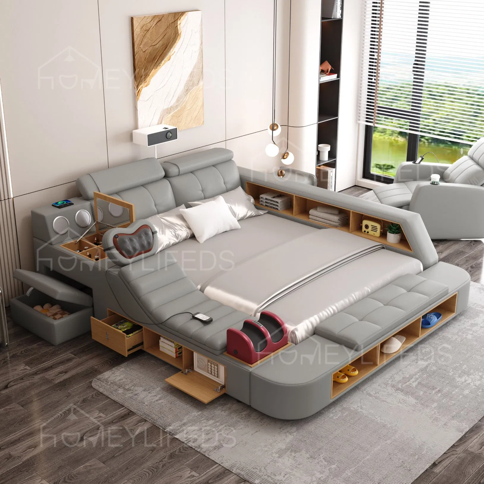 Muebles de dormitorio inteligentes Cama de cuero multifuncional Cama moderna tamaño king y tamaño queen con función de masaje y altavoz