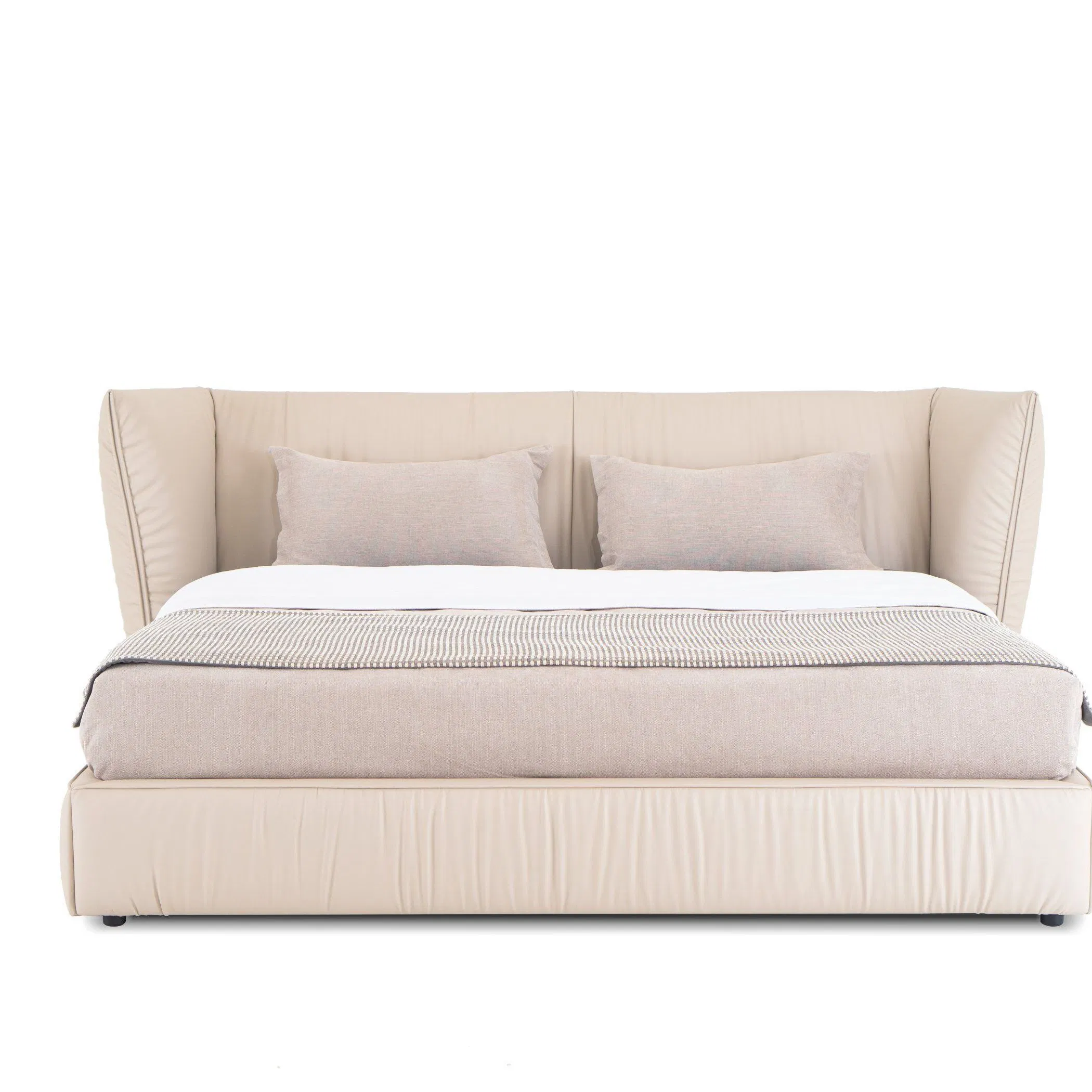 Cama moderna de tamaño king con marco de roble duradero de madera de fresno tapizado en color claro