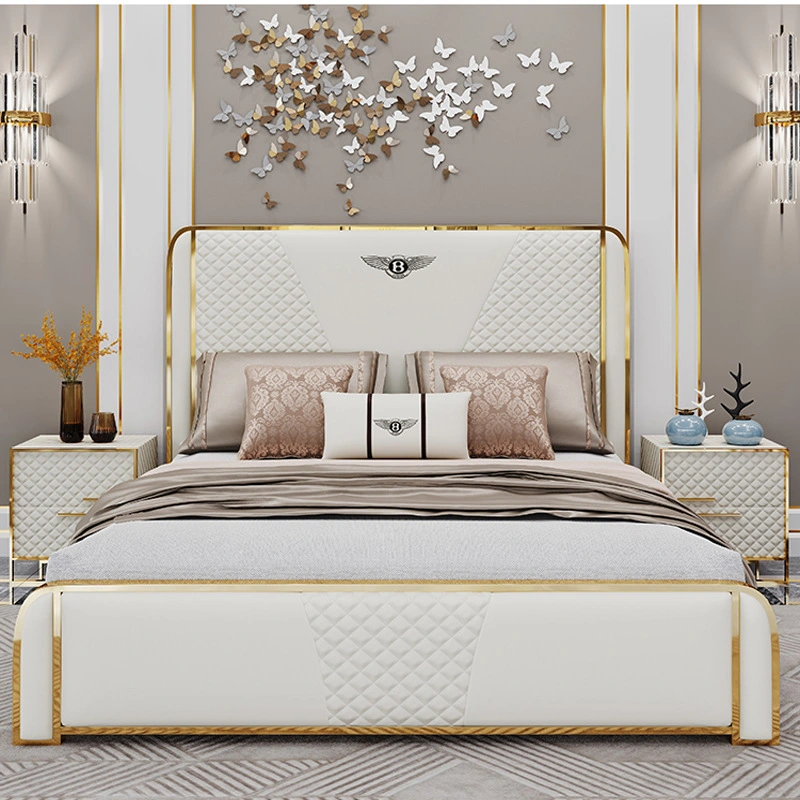 Muebles de dormitorio de lujo cama italiana moderna tapizada en cuero con almacenamiento cama king size de cuero blanco