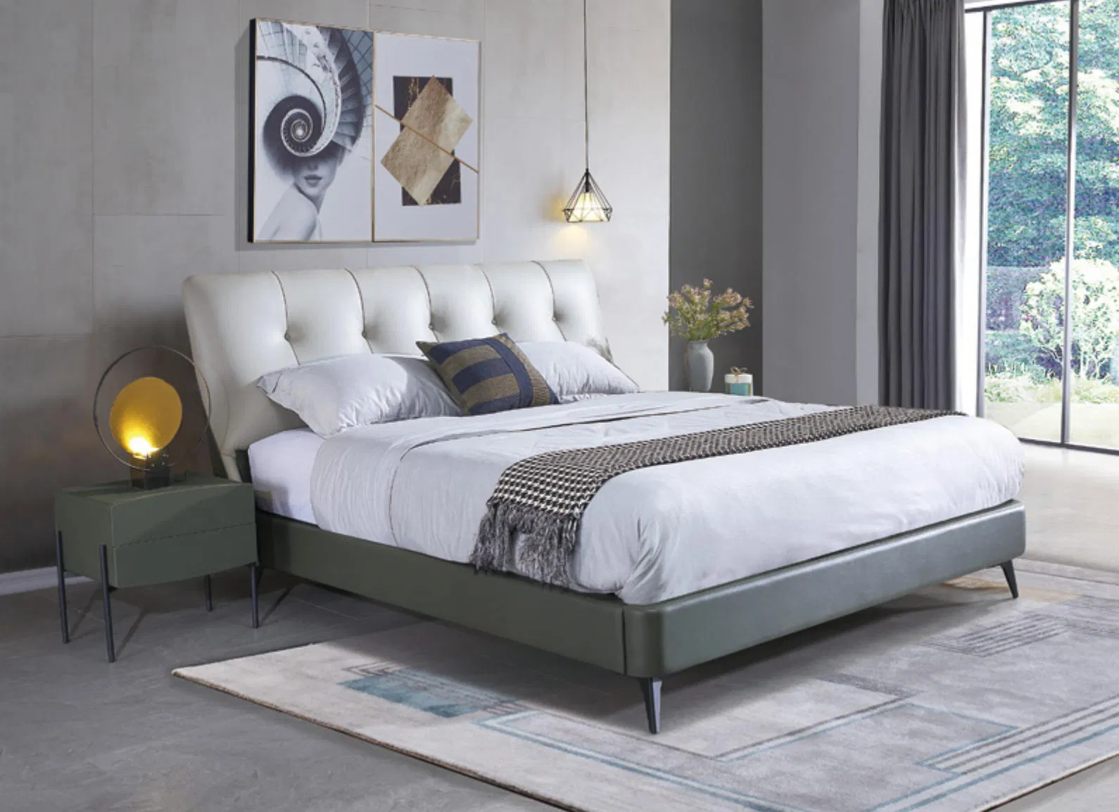 Cama King de Madera Sólida Elegante con Tapicería de Cuero Premium