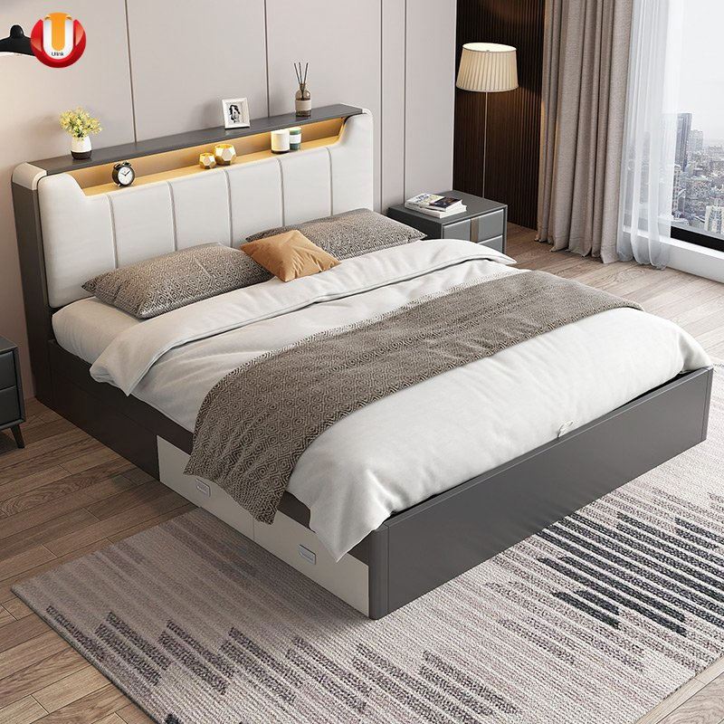 Conjunto de muebles de dormitorio de madera cama plataforma de cuero tapizada tamaño rey reina