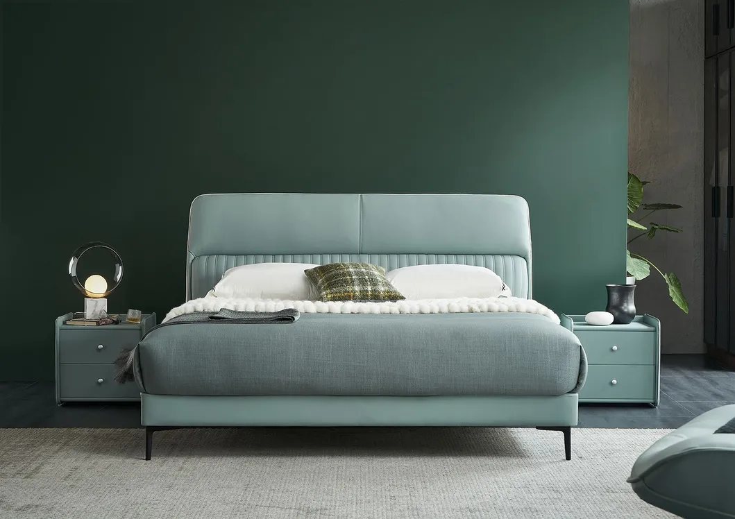 Casa moderna Cuero Cama Muebles conjunto Marco de madera King Size Dormitorio cama