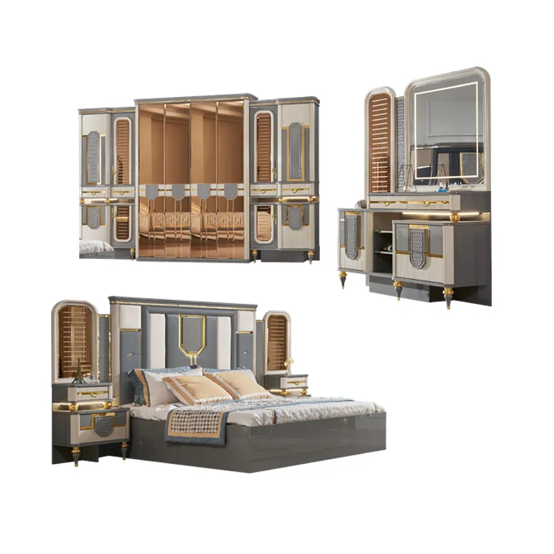 Juego de cama tapizada de lujo de reina a precio de mayorista, conjuntos completos, diseño moderno, juego de muebles de dormitorio de madera para rey
