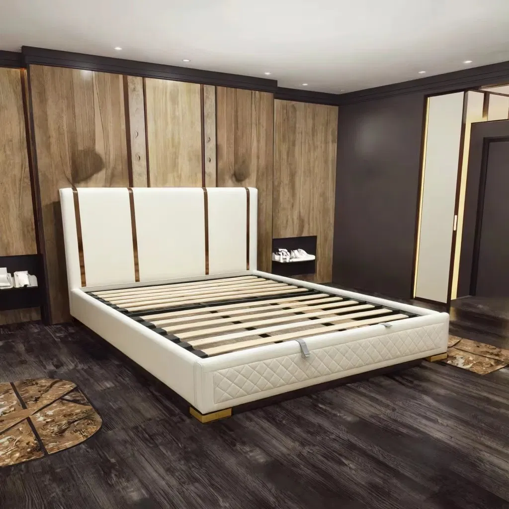 Muebles de dormitorio de madera maciza de lujo moderno, cama de cuero genuino con características de almacenamiento