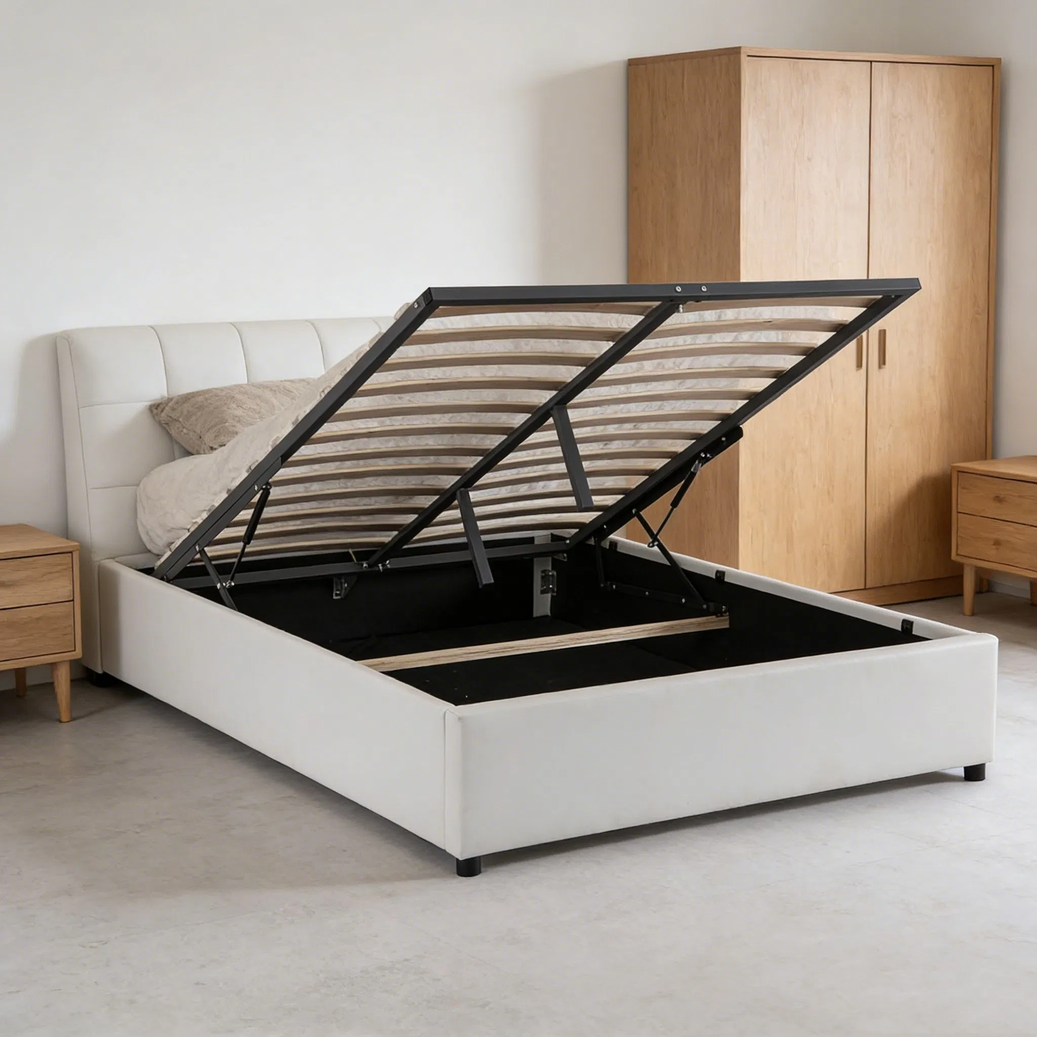 Cama de almacenamiento elevable de buena calidad con superficie tapizada de lujo para dormitorio