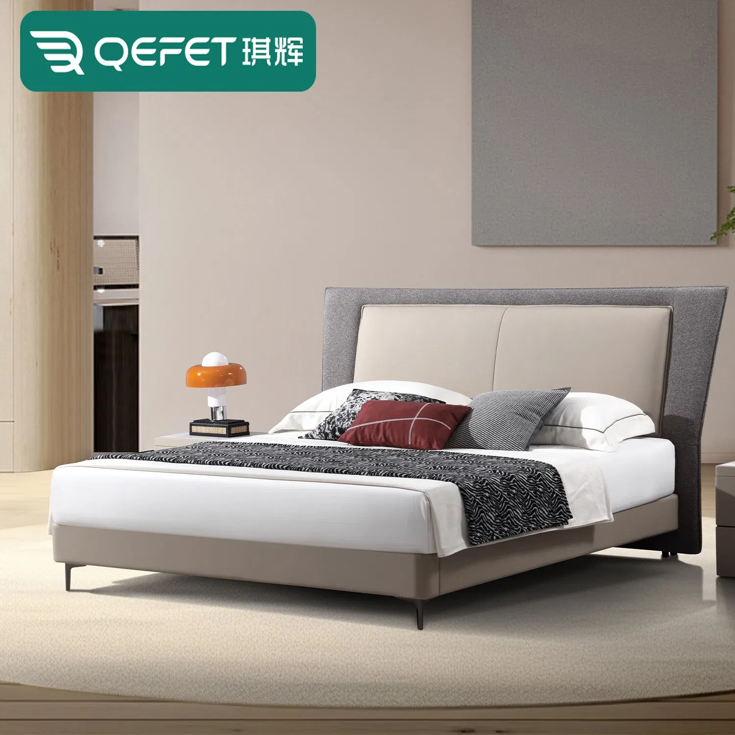 Conjunto de cama doble de lujo moderna para dormitorio, tamaño queen, marco de madera maciza, pies de metal, tela de lino de cuero gris, combinación modular de cama king