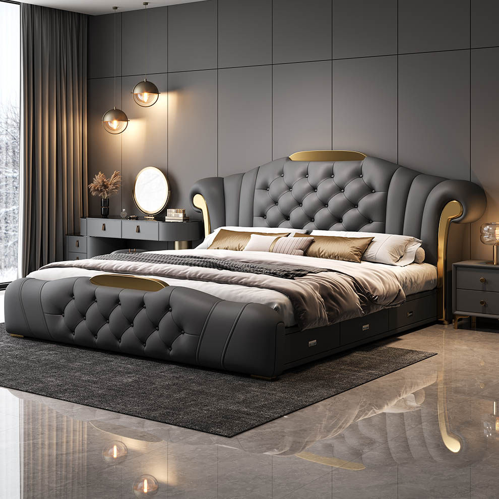 Conjuntos de camas dobles de lujo de cuero y mármol con gran cabecera, solución integral para suite de dormitorio italiano para villa