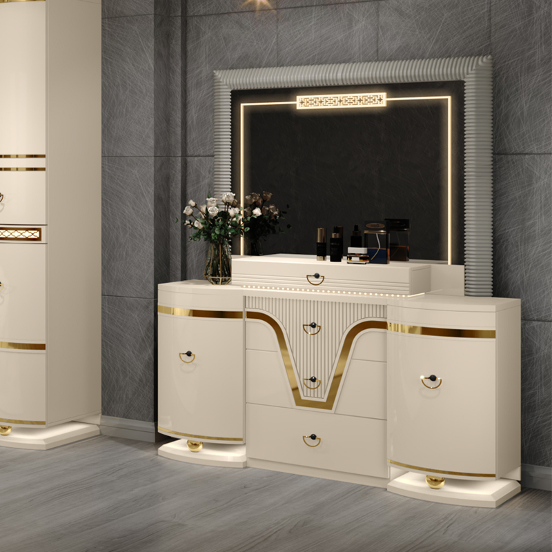 Conjunto completo de muebles de dormitorio de lujo con cama king de cuero doble, armario y tocador de diseño moderno al por mayor