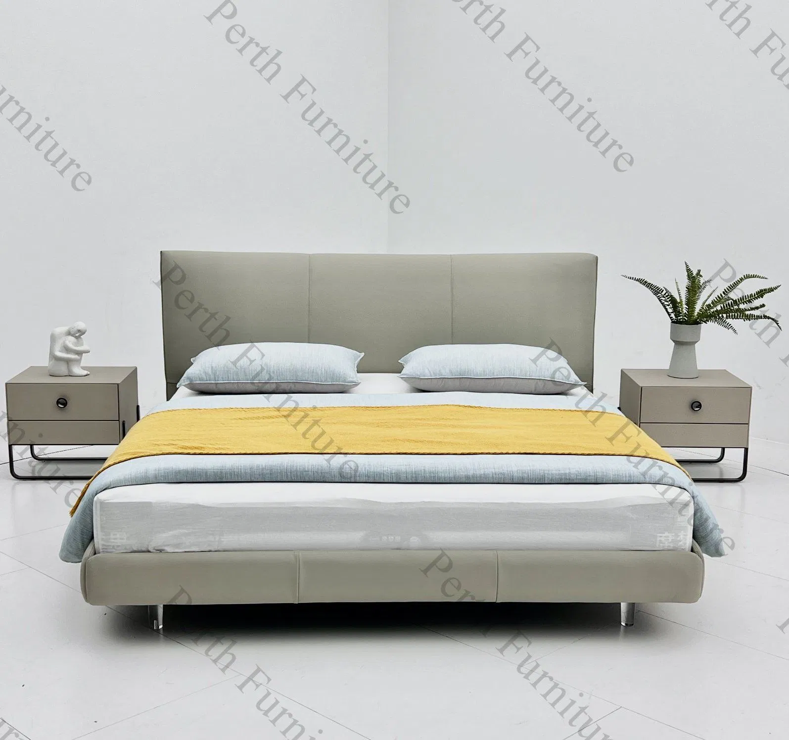 Cama contemporánea suave con patas de metal, marco de madera maciza, cuero genuino y tela para muebles del hogar, dormitorio de moda Mxt-888 cama