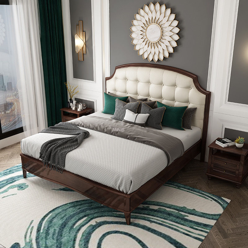 Cama de tamaño rey o reina de madera marrón vintage cómoda con cuero puro azul para adultos