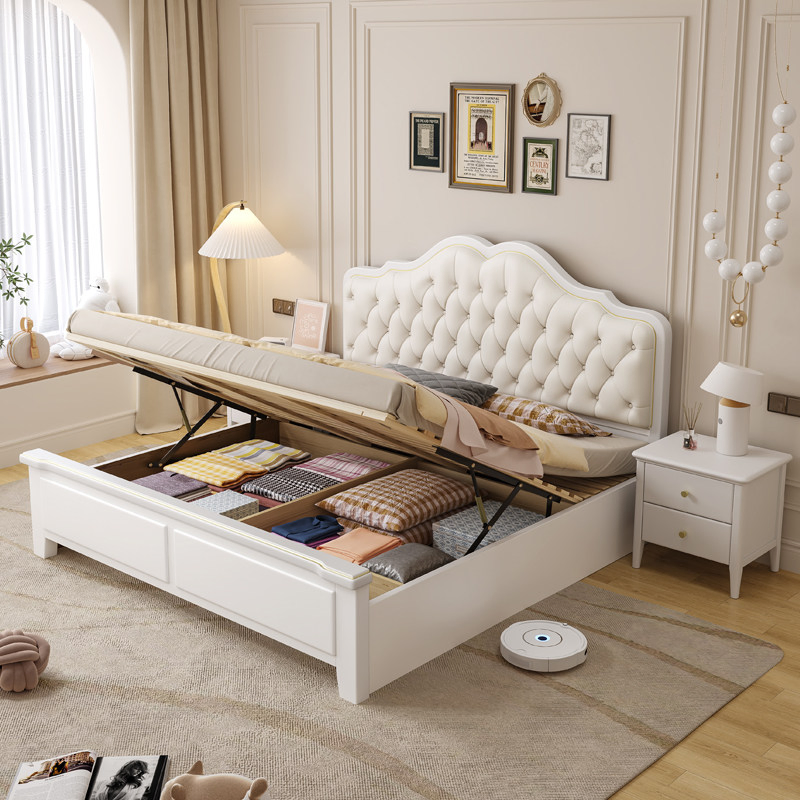 Muebles de hogar de madera maciza con diseño minimalista, lujosa estructura de cama de madera con cabecera tapizada cómoda