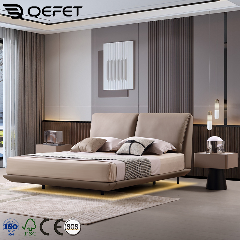 Cama doble moderna minimalista de lujo con marco de madera en tamaño queen y king para muebles de dormitorio de hotel