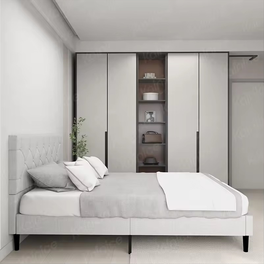 Cama contemporánea de plataforma de cuero sintético con almacenamiento para una vida ordenada