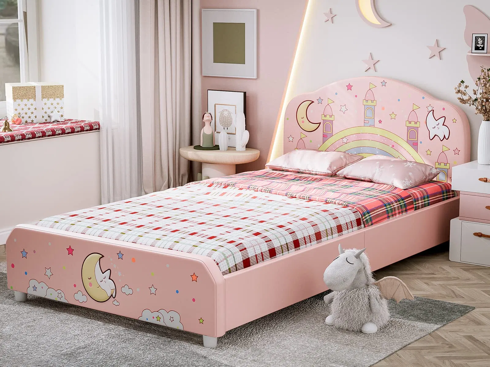 Cama tapizada para niñas, cama plataforma twin para niños