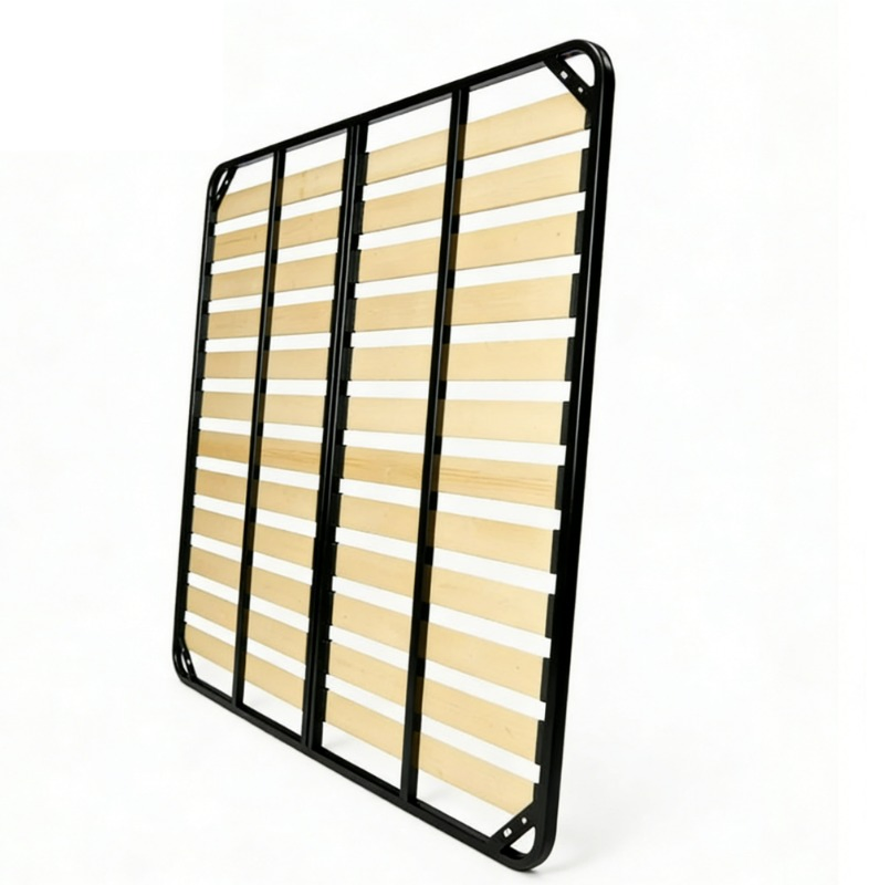 Estructura de cama tapizada comercial de alta resistencia con soporte de listones de madera cálida, estructura de cama con listones en posición dual y marco de metal negro