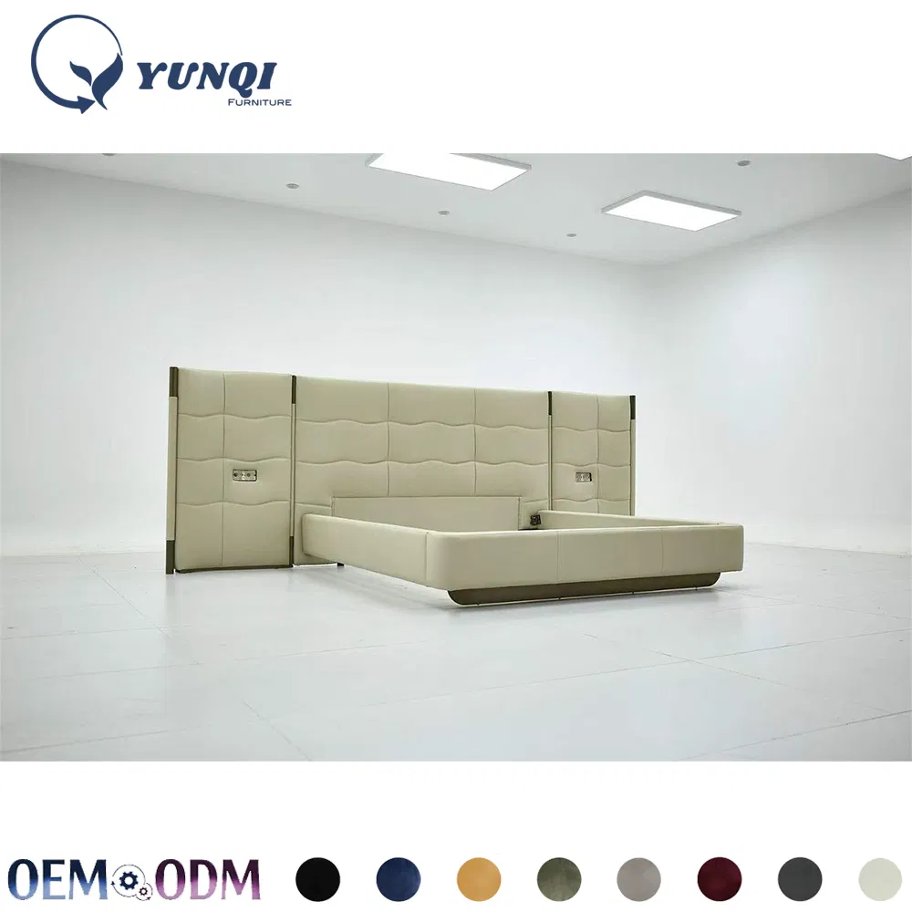 Conjunto de dormitorio de cama king size de lujo, cabecero alto y ancho, camas suaves con tapicería, camas de cuero modernas en blanco