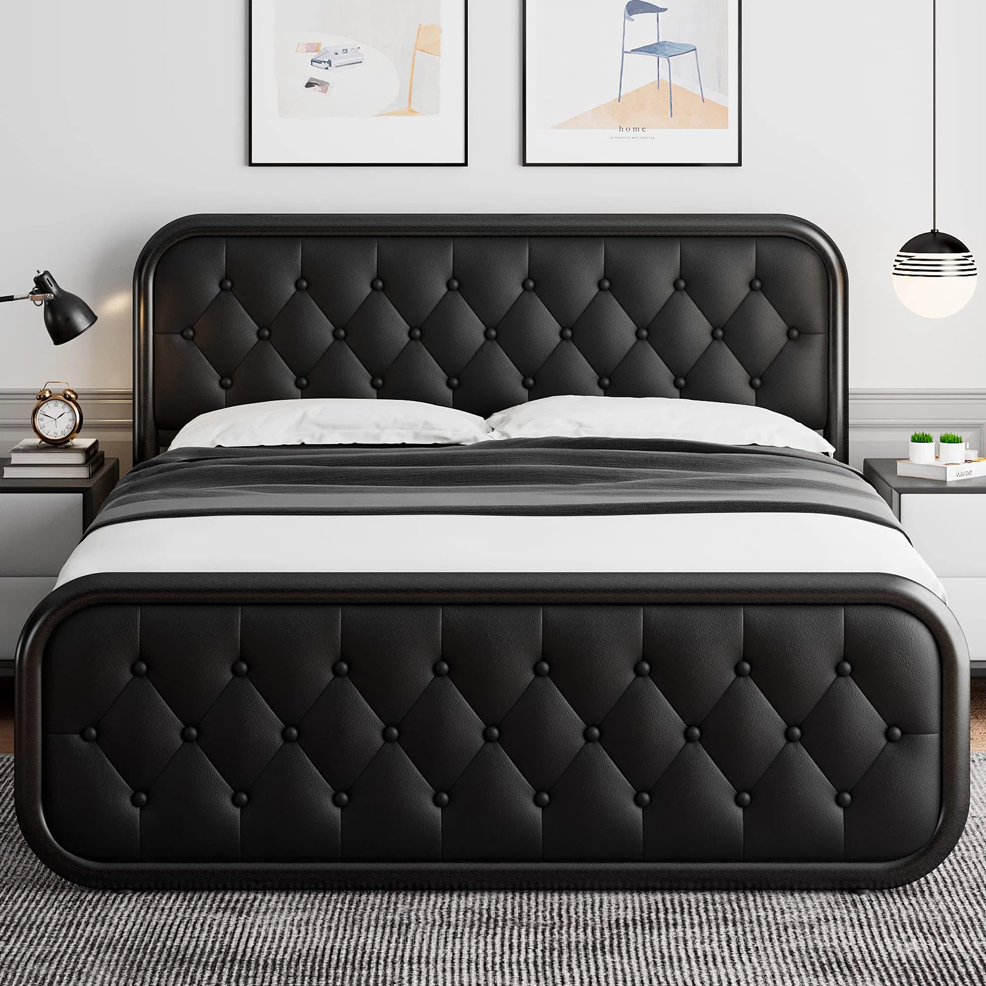 Estructura de cama de metal tamaño king con cabecera de cuero, estructura de cama de plataforma de alta resistencia