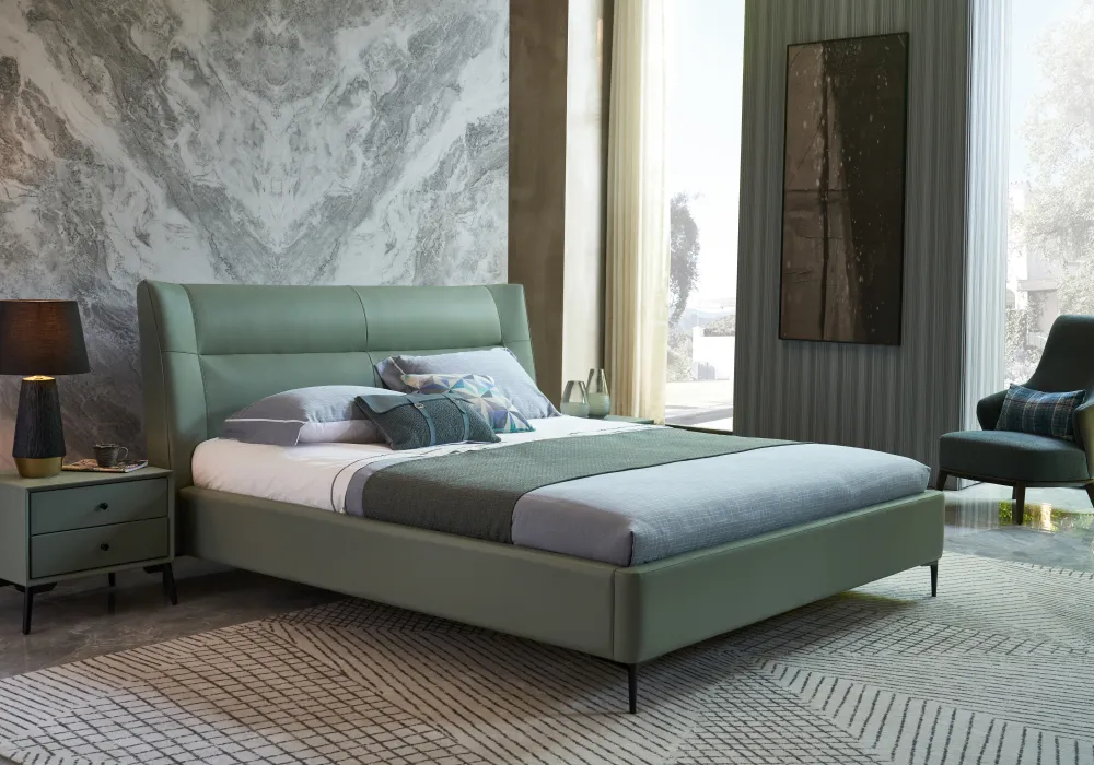 Conjuntos de dormitorio de cuero verde de tamaño king multifuncional con patas de metal de acero, cama doble