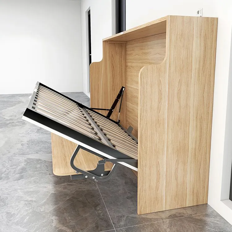 Conjunto de cama Murphy de metal moderno ajustable que se pliega hacia abajo con estilo de panel de madera para dormitorio, estudio o habitación de invitados