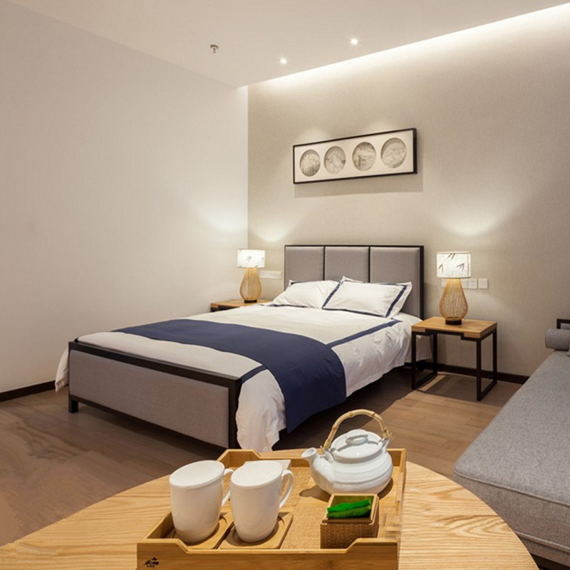 Mueble de hotel de madera tamaño king size, diseño de interiores, cama doble de madera y cuero