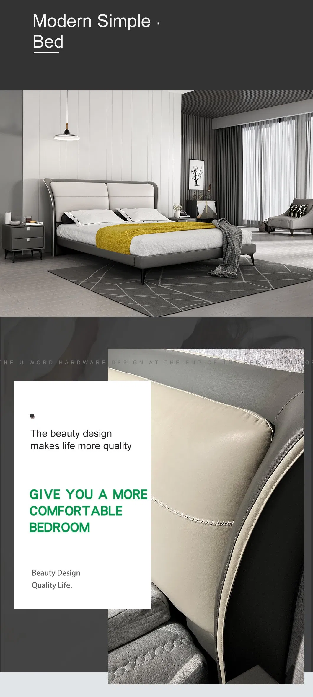 Cama doble de cuero tamaño queen king con cabecera de marco moderno