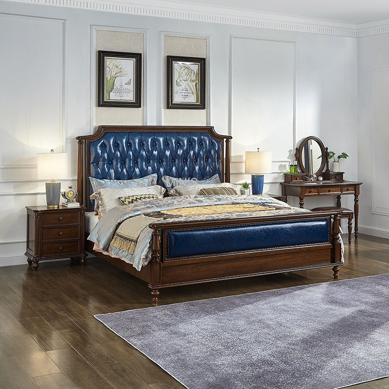Cama de tamaño rey o reina de madera marrón vintage cómoda con cuero puro azul para adultos