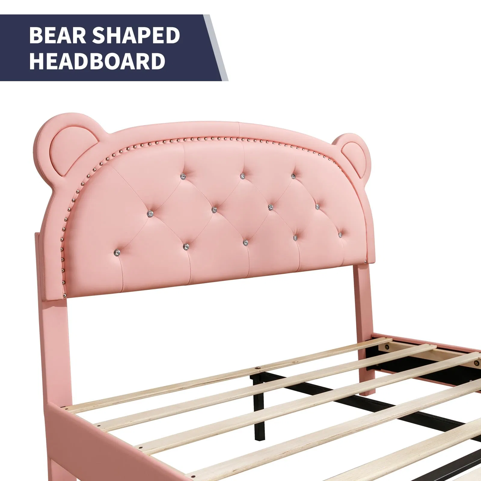 Estructuras de cama gemelas para niños, estructura de cama tapizada en cuero sintético con cabecera de orejas de oso