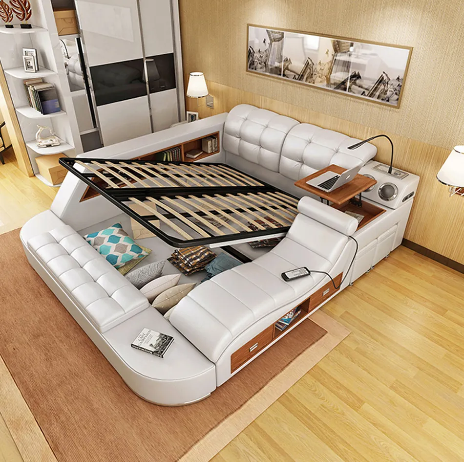Muebles de dormitorio de lujo multifuncionales al por mayor de China, cama moderna inteligente tamaño king con almacenamiento, cama queen de cuero con masaje