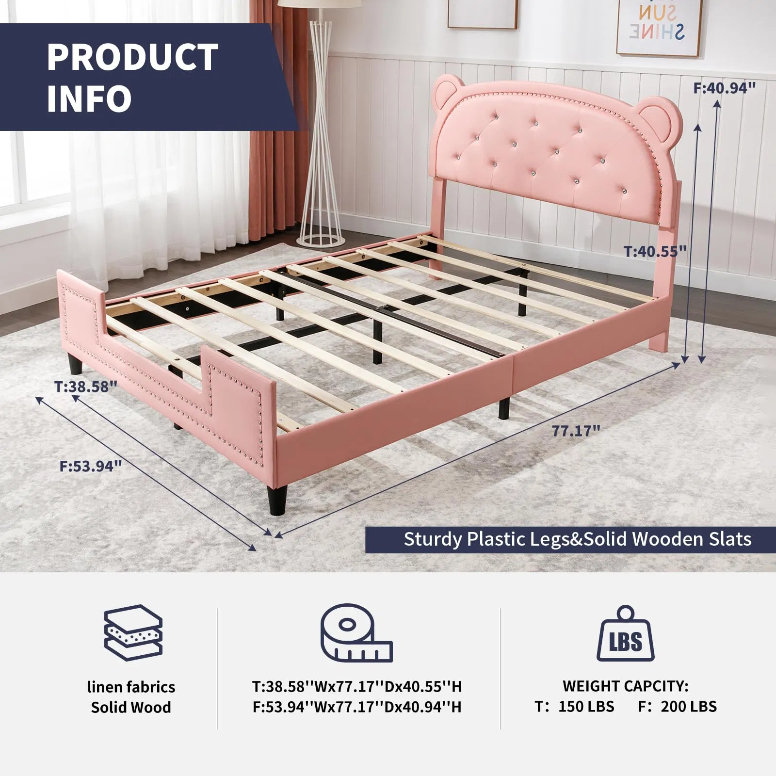 Estructuras de cama gemelas para niños, estructura de cama tapizada en cuero sintético con cabecera de orejas de oso