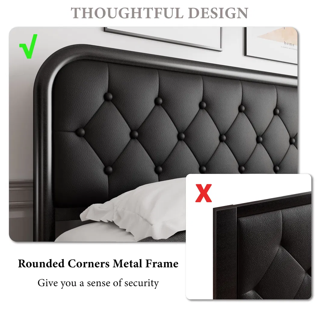 Estructura de cama de metal tamaño king con cabecera de cuero, estructura de cama de plataforma de alta resistencia