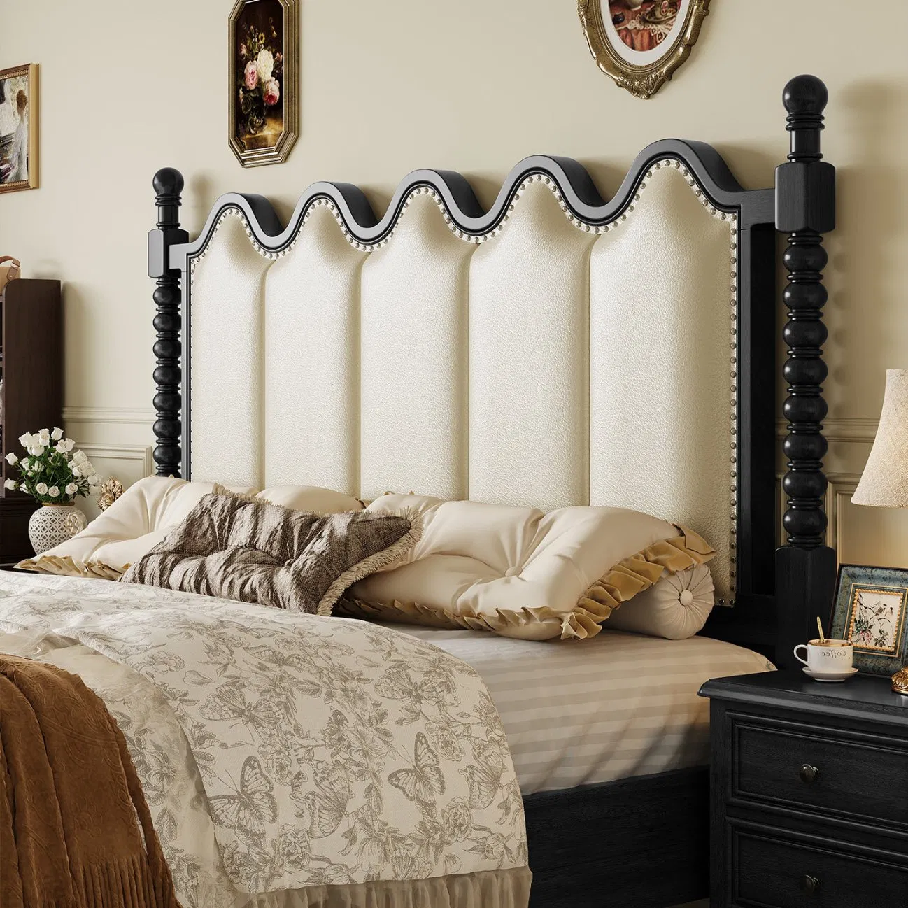 Suministro de fábrica de muebles de hotel personalizados, cama de hotel reina, cama doble curva de lujo, estilo moderno, cama de hotel de cuero pintada