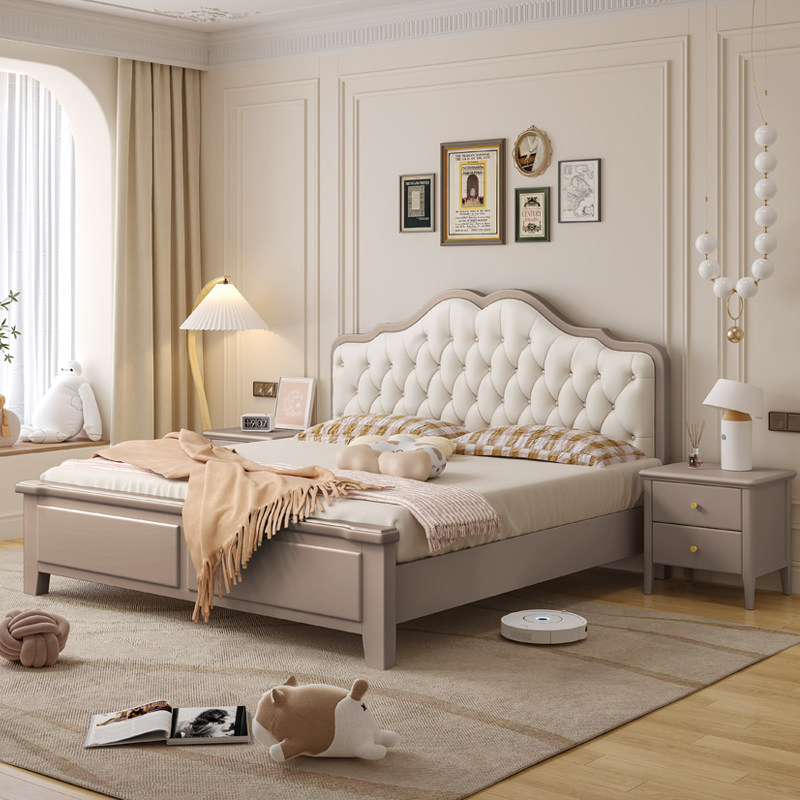 Muebles de hogar de madera maciza con diseño minimalista, lujosa estructura de cama de madera con cabecera tapizada cómoda