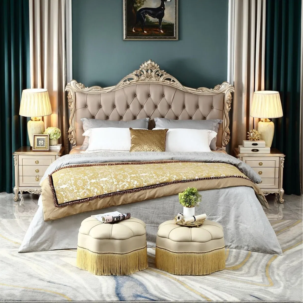 European Hand-Carved Furniture French Luxury Bedroom Sets King Size Solid Wood Bed Canopy Wooden Beds