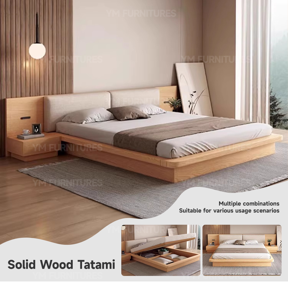 Mueble moderno para dormitorio en casa, cama doble con marco de madera minimalista y colchón suave