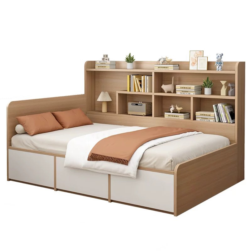 Conjunto de dormitorio moderno de alto brillo, muebles para el hogar, cama de almacenamiento en la pared de madera, rey