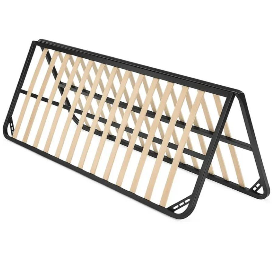 Estructura de cama tapizada comercial de alta resistencia con soporte de listones de madera cálida, estructura de cama con listones en posición dual y marco de metal negro