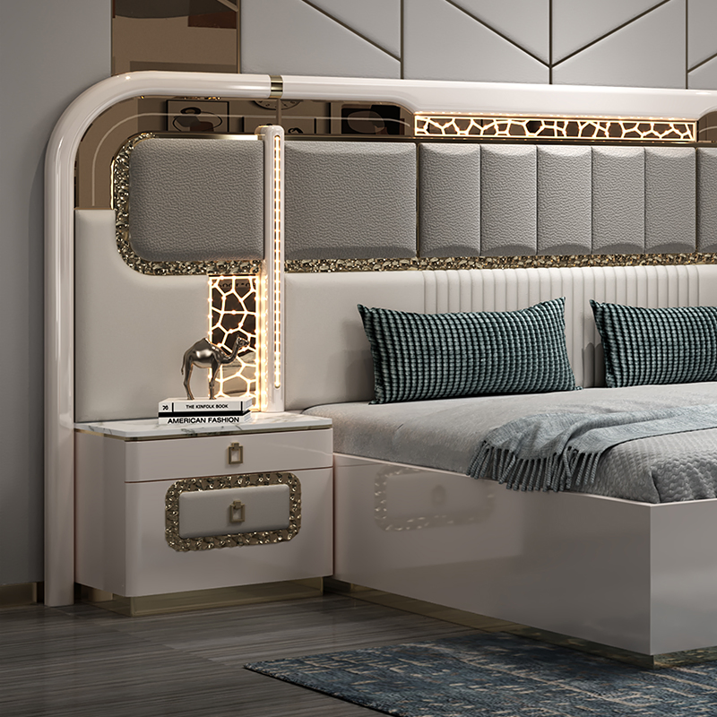 Conjunto de cama doble de madera completa de lujo moderno para el hogar, juego de muebles para dormitorio principal con marco de madera, tamaño completo y rey, con almacenamiento