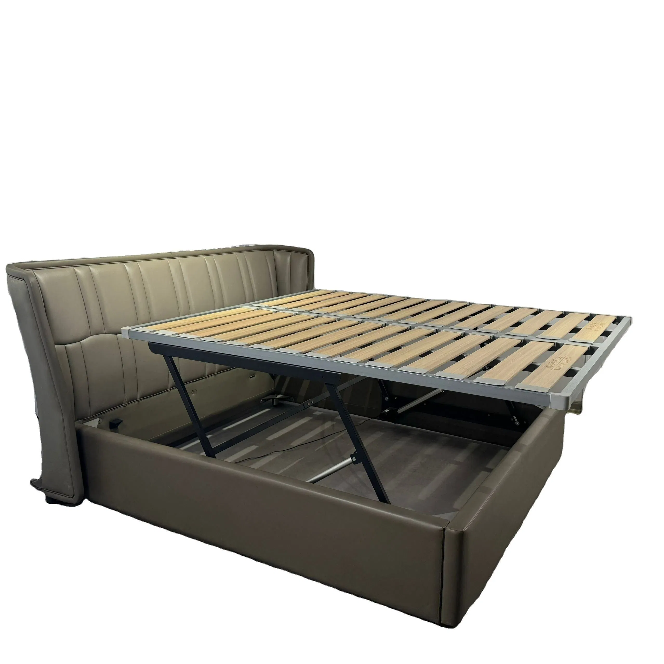 Cama plataforma de madera maciza tapizada con cuero genuino para uso en hoteles