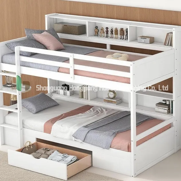 Tres cajones extraíbles de una sola capa, cama doble de madera blanca personalizable